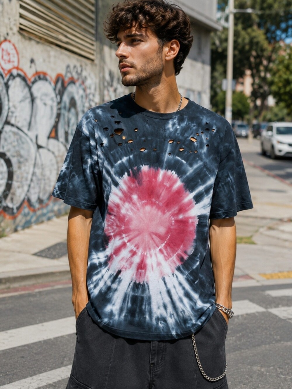 DOPE Short Sleeve Tie Dye Blue Size L Men's cotton Shirt Destroyed Design #C